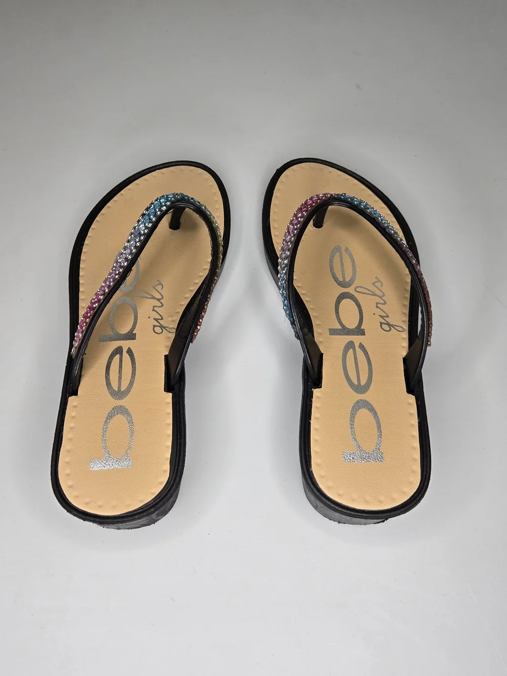 Bebe Girls's Beige Rhinestone Multicolor Women's Flip Flops SIZE CHILD 11 SMALL